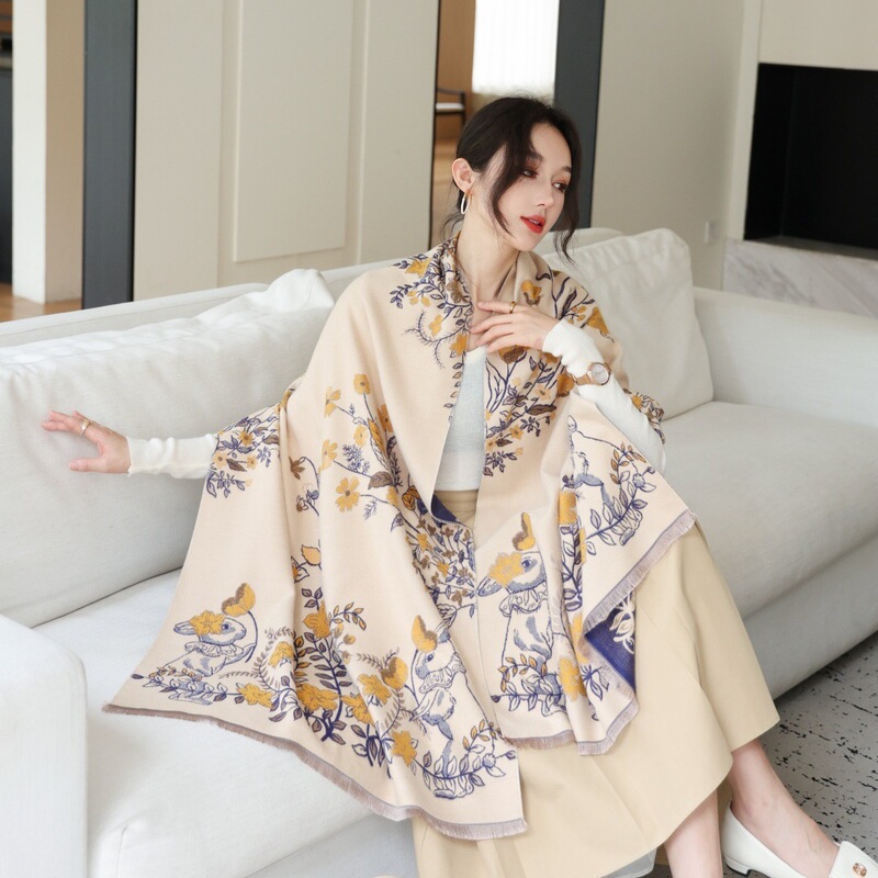 甜美可爱兔子花园双面提花围巾女生冬季加厚披肩韩版学生保暖围脖|undefined