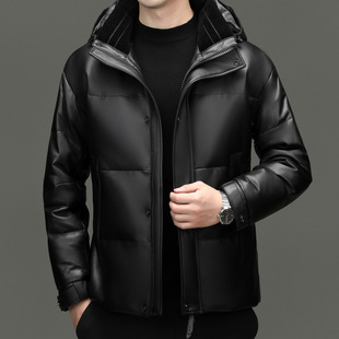 Young and Middle-aged Hooded Genuine Leather Down Jacket Men's Sheepskin Thickened Duck Down Winter Haining Leather Jacket Warm Jacket