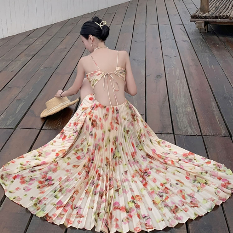 Super Fairy Big Swing Atmosphere Floral Elegant Tight Waist Slimming Pleated Neck Tube Top Sling Long Dress Seaside Vacation Dress Super Fairy Big Swing Atmosphere Floral Elegant Tight Waist Slimming Pleated Neck Tube Top Sling Long Dress Seaside Vacation Dress
