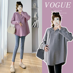 in stock 2024 Autumn New Fashion Casual All-match Zipper Loose Pregnant Women's Long-sleeved Maternity Top