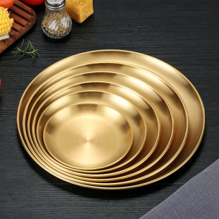 Korean Stainless Steel Barbecue Plate Golden Round Plate Western Restaurant Pasta Plate Cake Fruit Dessert Plate Cafe