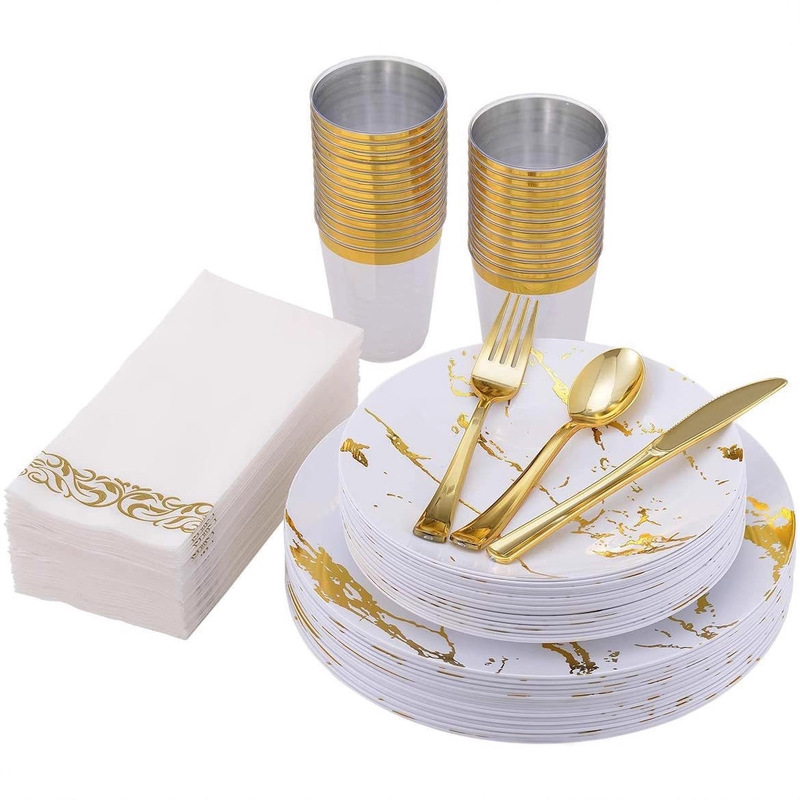 175PCS suit new round hard plastic PS Western Food white background golden plate knife fork spoon wine glass gilding dinner dish
