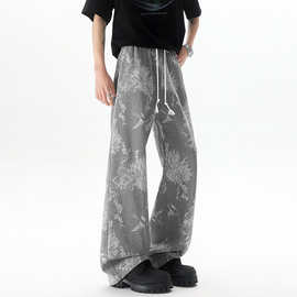 跨境复古鲜花满印阔腿牛仔裤男2025新款抽绳宽松百搭直筒拖地长裤