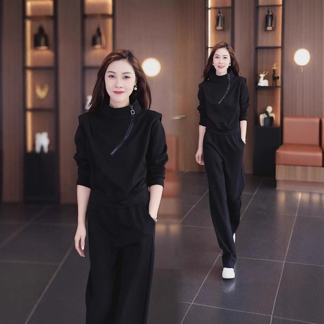 Designed High-End Casual Sports Suit for Women in Autumn, New Style, Age-Reducing Stand-Up Collar Sweatshirt, Wide-Leg Pants Two-Piece Set