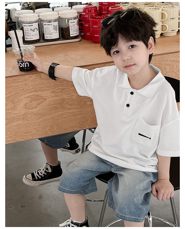 New 2024 Summer boys' polo shirt embroidered fish waistcoat short sleeve casual style summer refreshing handsome top