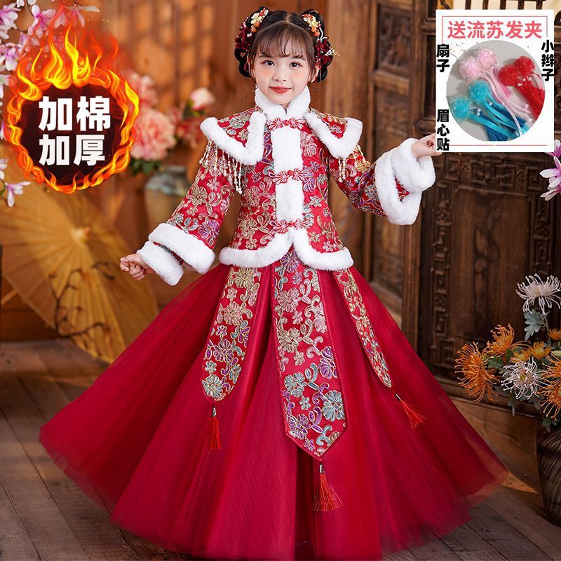 汉服冬款2025女童棉袄冬季加绒加厚小女孩拜年服拜年服儿童连衣裙