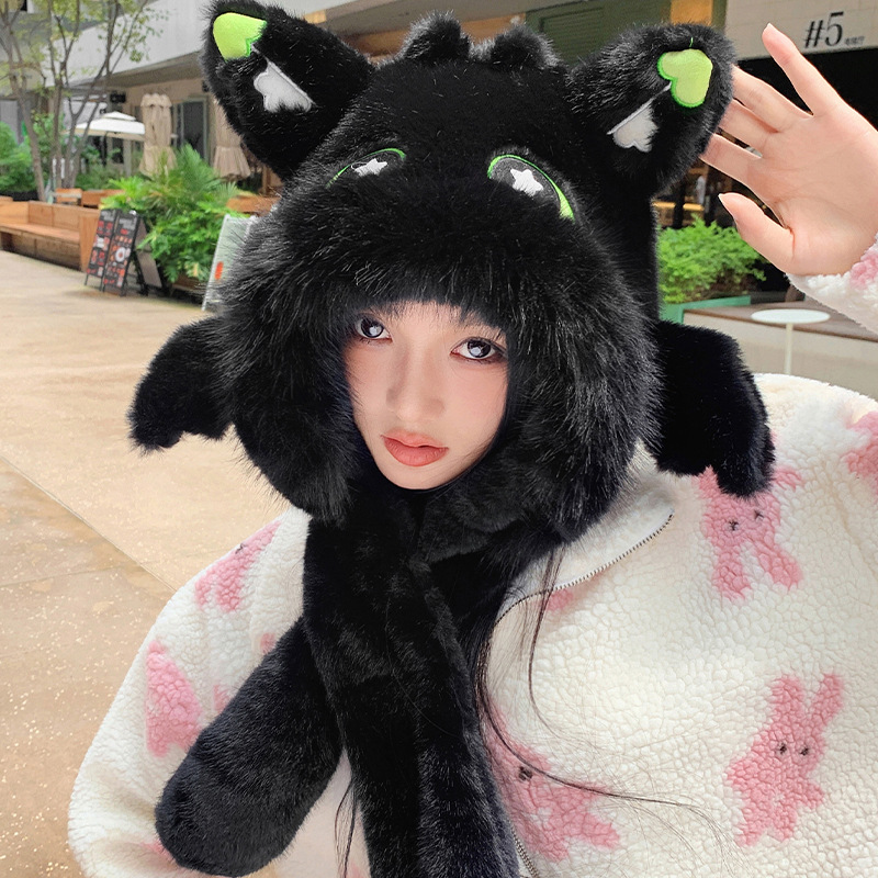 耳朵会动可爱龙仔毛绒帽子男女冬季情侣款户外护耳加厚保暖雷锋帽