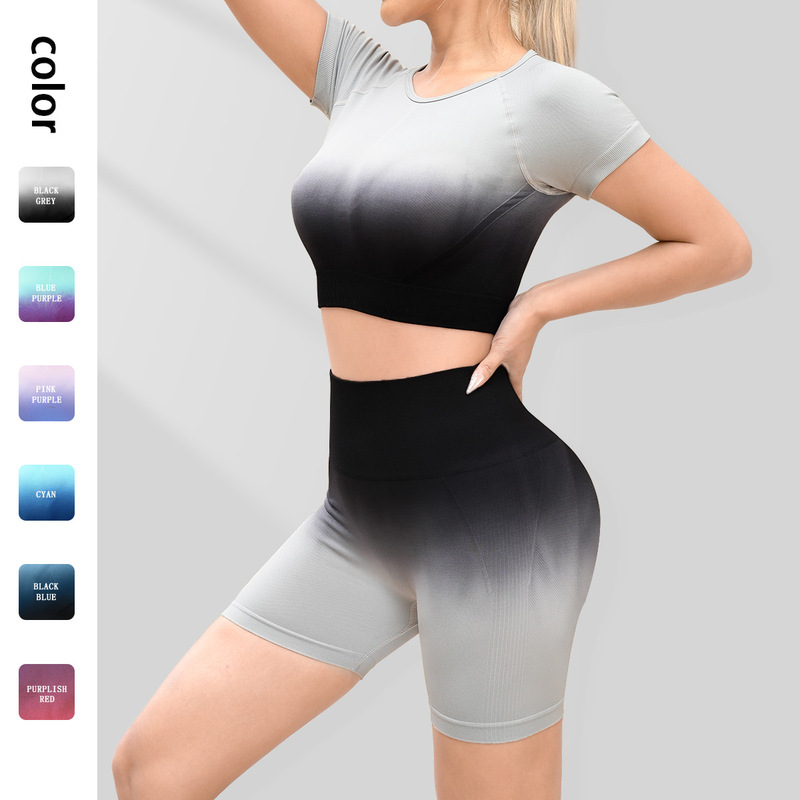 Gradient Color Yoga Clothing Set for Women, Summer Thin Short-Sleeved Quick-Drying Running Shorts, Sports T-Shirt, Tight-Fitting Fitness Wear