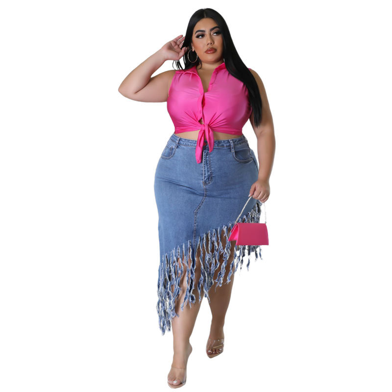 Gonna di jeans con nappe per donna taglie forti moda primavera_voghion.com