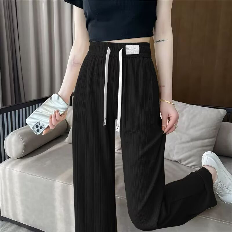 Ice Silk High-Waisted Wide-Leg Pants for Women, Summer Thin Loose Casual Pants, Drapey Slimming Long Pants, Wholesale Hot Trend