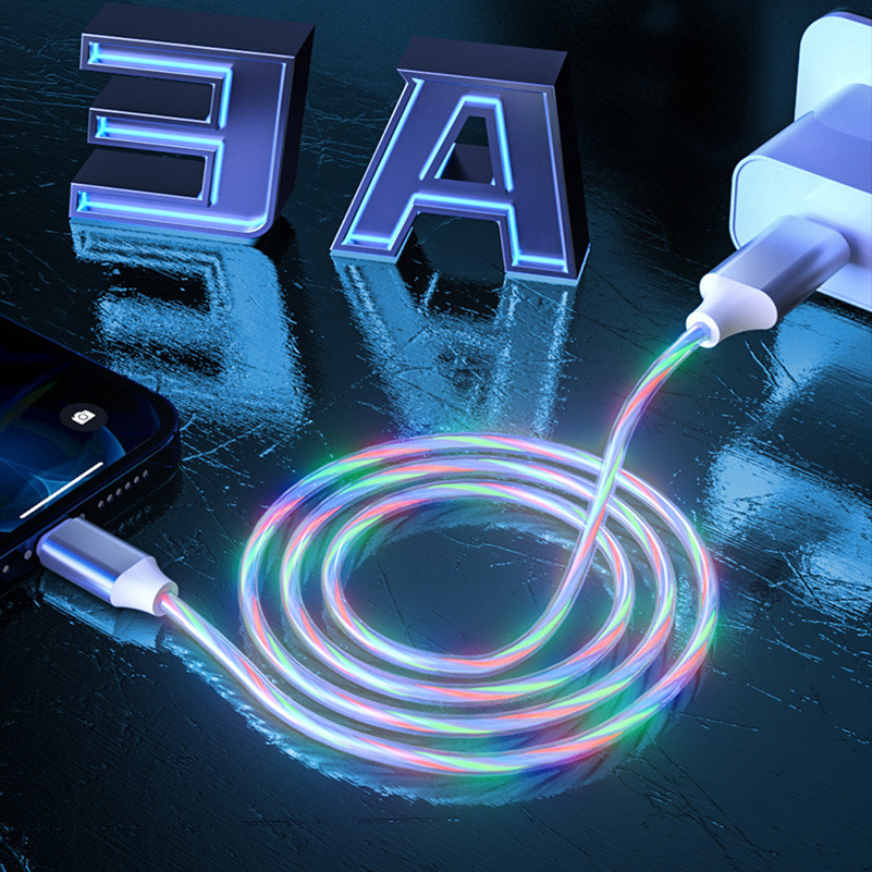 Cable de datos de flujo de colorido en stock para Apple Android Tipo-C LED LED de carga rápida 2.4A cable de carga rápida
