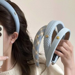 金標藍色發箍女2024新款高顱頂頭箍甜美少女洗臉百搭壓發卡頭飾發