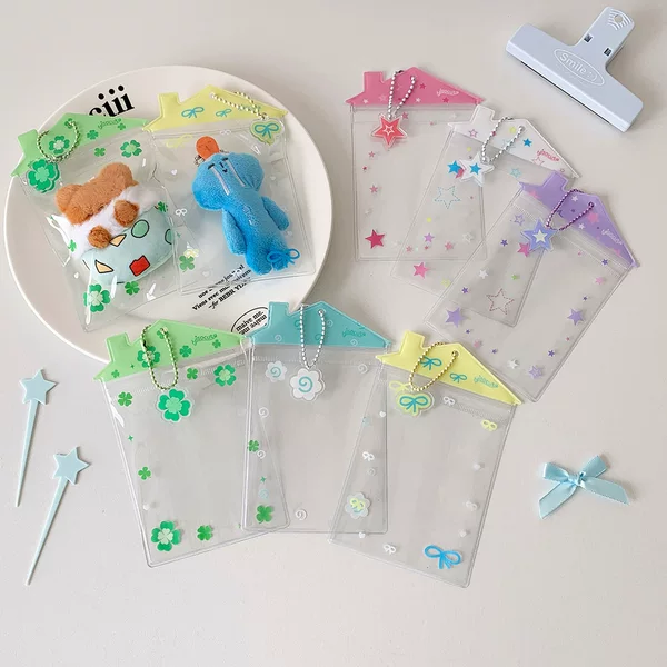 Cartoon Small House Card Holder Transparent Pvc Card Dustproof Display Pendant Plush Doll Storage Bag