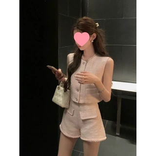 小香风名媛套装女亮片气质无袖粉色背心马甲夏新款直筒短裤两件套