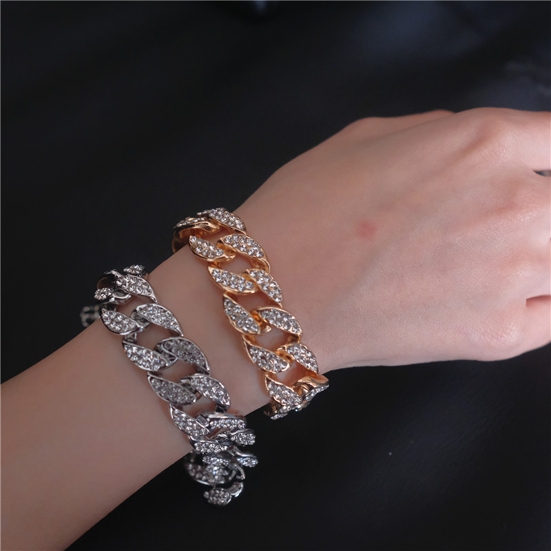 歐美嘻哈手鏈飾品 滿鑽古巴手鏈hiphop男女時尚鑲鑽手鏈寬15mm