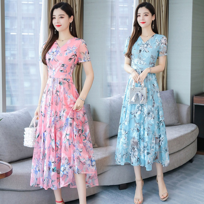 Summer New Arrival Printed Short-Sleeved Dress Women's Large Swing Bohemian Beach Dress Fairy Over-the-Knee Long Skirt A- line Dress