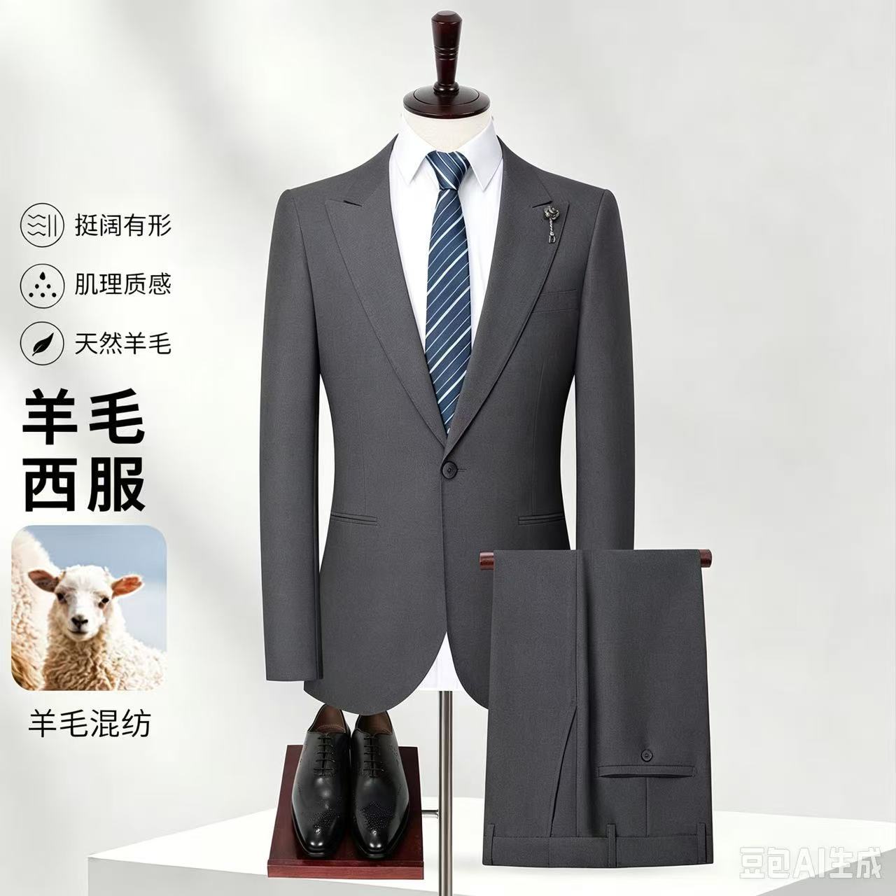 男士蓝灰色羊毛混纺西服套装商务正装平驳领修身职业西装两件套