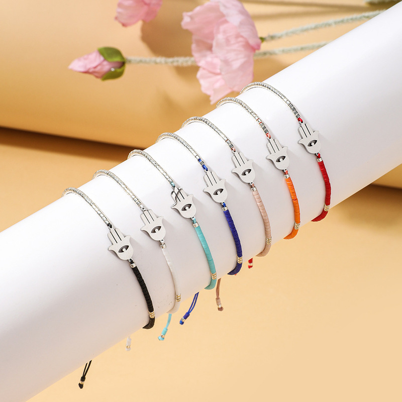 European and American Simple Cute Fashion Rice Beads Hand-woven Friendship Rope Stainless Steel Fatima Palm Small Bracelet for Women