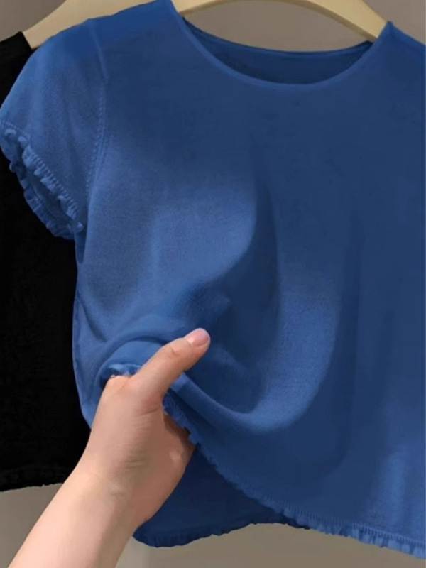 今年人気の西洋風シックなレースブルー半袖Tシャツレディース春夏デザイン通気性カジュアルトップス|undefined
