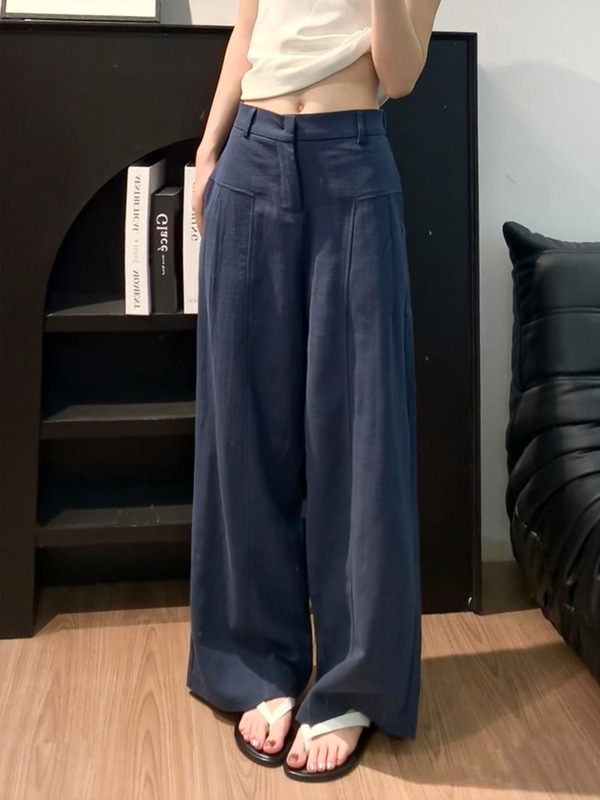 藏青色亚麻苎麻阔腿裤女夏季薄高腰垂感老钱风直筒西装棉麻休闲裤|undefined
