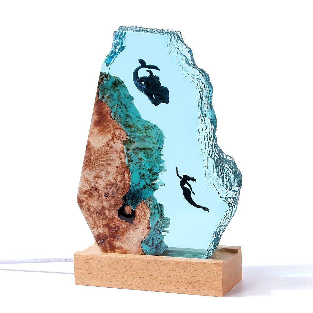 Home accessories mermaid ocean whale diver devil fish art ornaments solid wood resin night light gift