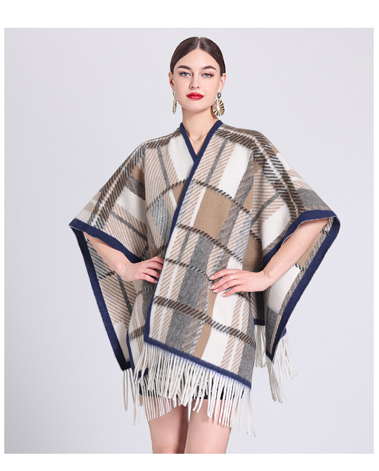 Schalumhang Damen karierte Strickjacke mit Fransen karierter Umhang Schal Wollmantel_voghion.com