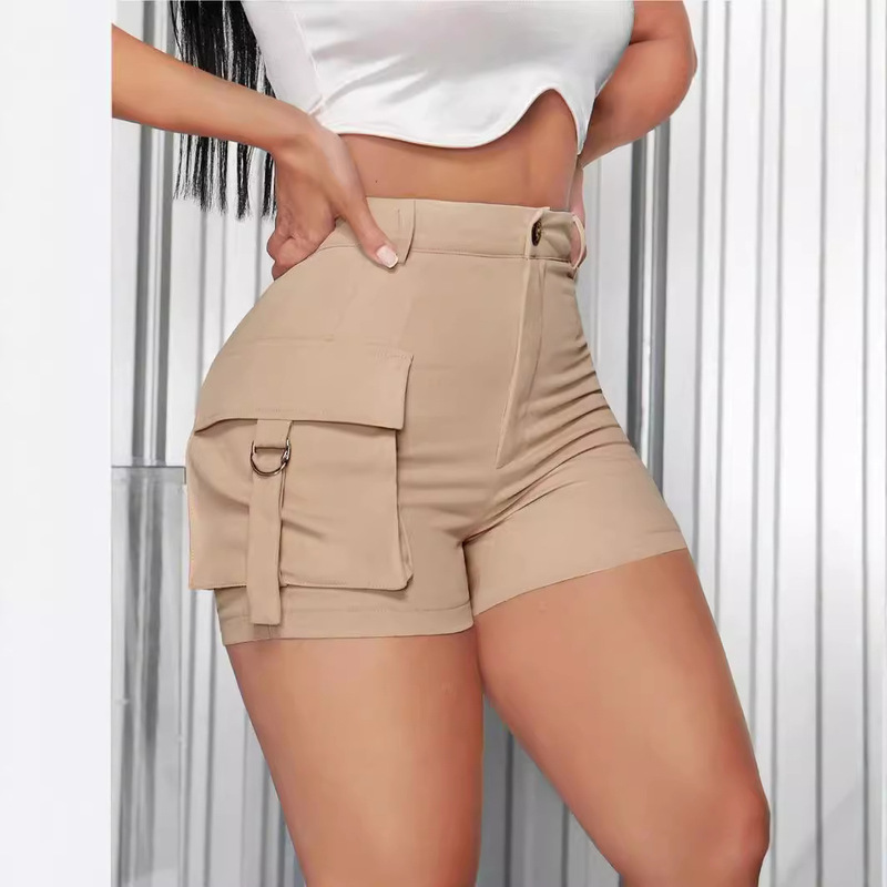 Summer Cross-Border Amazon New Women's Casual Tight-Fitting High-Waist Side Pocket Flap Pocket Pants Shorts Independent Station 2025
