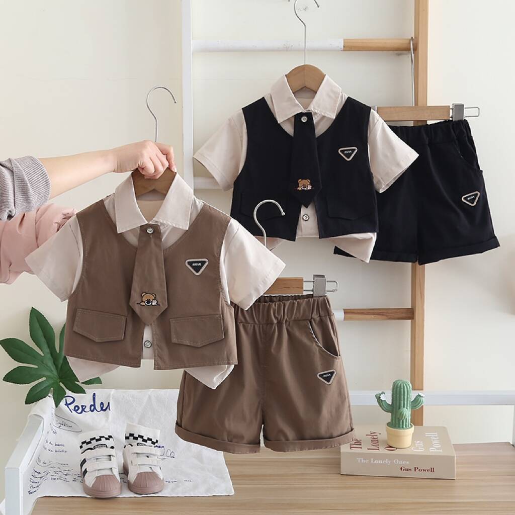 Men's Baby Summer Clothing suit 2025 New Baby Casual Clothes Children's Tie Short-sleeved Shirt Fake Two-piece Fashionable