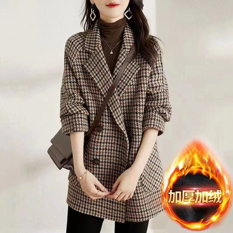 Qadın üçün houndstooth yun palto, uzun qollu, payız-qış