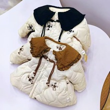 新款女宝宝加绒加厚娃娃领翻领韩版收腰刺绣梅花绗棉拼接棉服外套