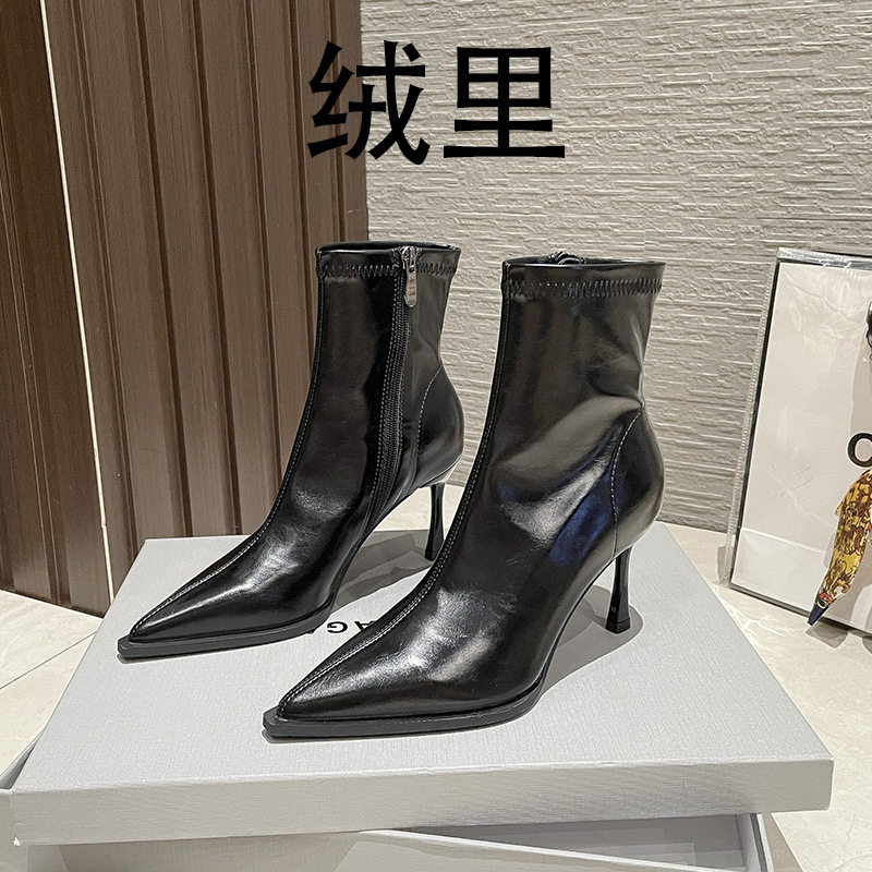 Bốt nữ ngắn mũi nhọn co giãn gót nhọn 6–8 cm, khóa kéo bên, lót nhung — Lớp lót nhung đen JH, Màu nâu lót nhung, Màu đen lót nhung, JH da đen