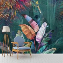 跨境专供亚马逊速卖通北欧手绘热带植物芭蕉叶无缝背景墙自粘壁画