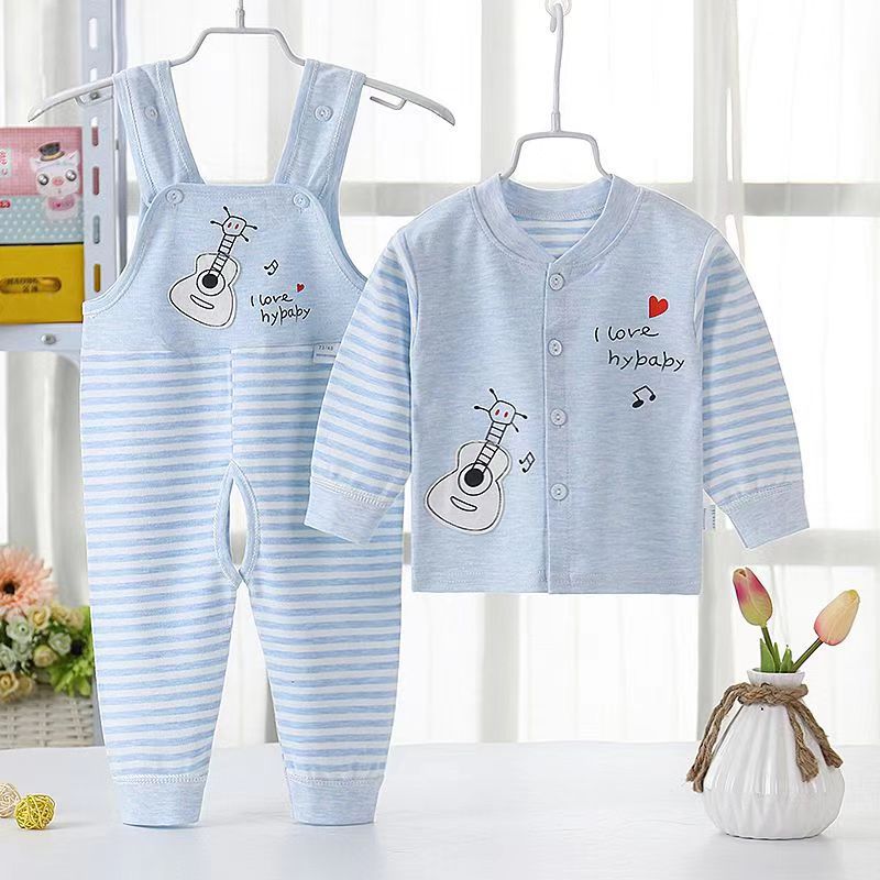 Infant Pure Cotton Overalls Suit Kidsren's Open-Crotch Jumpsuit Suit Boys and Girls Spring & Fall Home Clothes Two-Piece Set