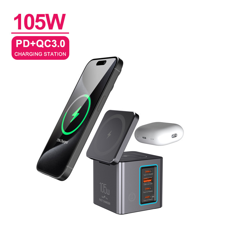 105W 6-in-1 Multifunctional Multi-Port Desktop Magnetic Wireless Charger Charging Station 15W Mobile Phone Wireless Fast Charge
