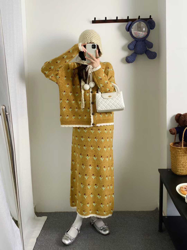 法式碎花复古风花边套装女秋冬新款系带毛衣外套半身裙针织两件套|undefined