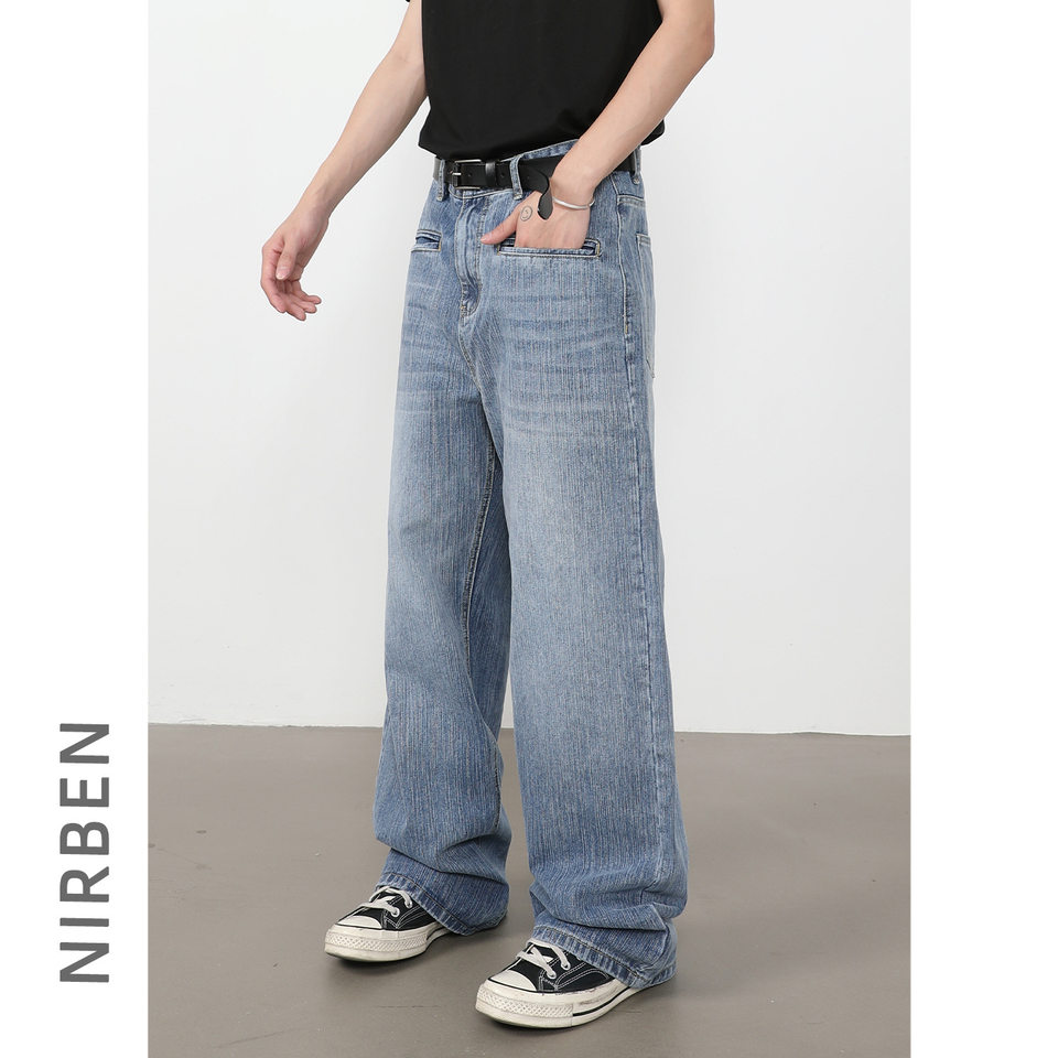 Quần jeans nam ống rộng suông thẳng túi trước họa tiết vân tre — màu xanh