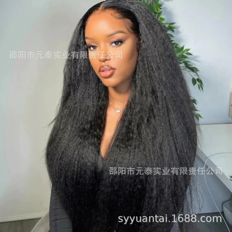 Kinky Straight 13x4 Lace fronting synchrotic Wig Long Black Wigs|undefined