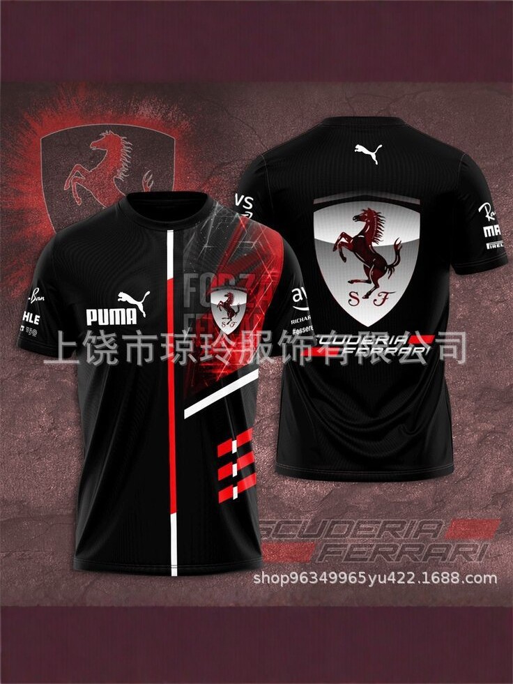 Cross-Border Ferrari Team 3D Printed Short-Sleeved T-Shirt for Men, Quick-Drying Breathable Sports Round-Neck Football Uniform, Quick-Drying T-Shirt for Men
