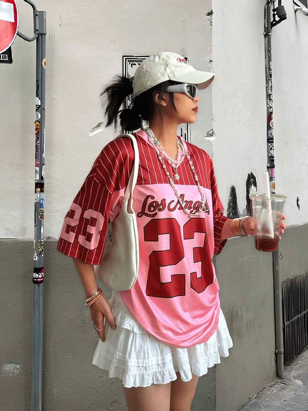 アメリカンハイストリートレジャースポーツ野球襟衝突色半袖長袖tシャツ女性夏ゆるいプリント半袖上着|undefined