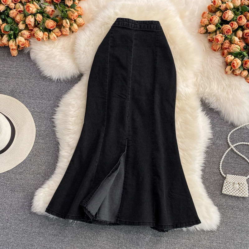 Long elastic summer fitted denim skirt