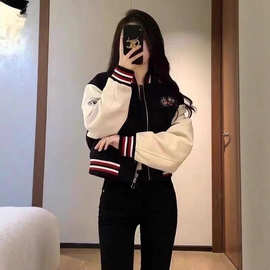 棒球服短款外套女2025新款春秋美式复古撞色长袖百搭立领夹克上衣