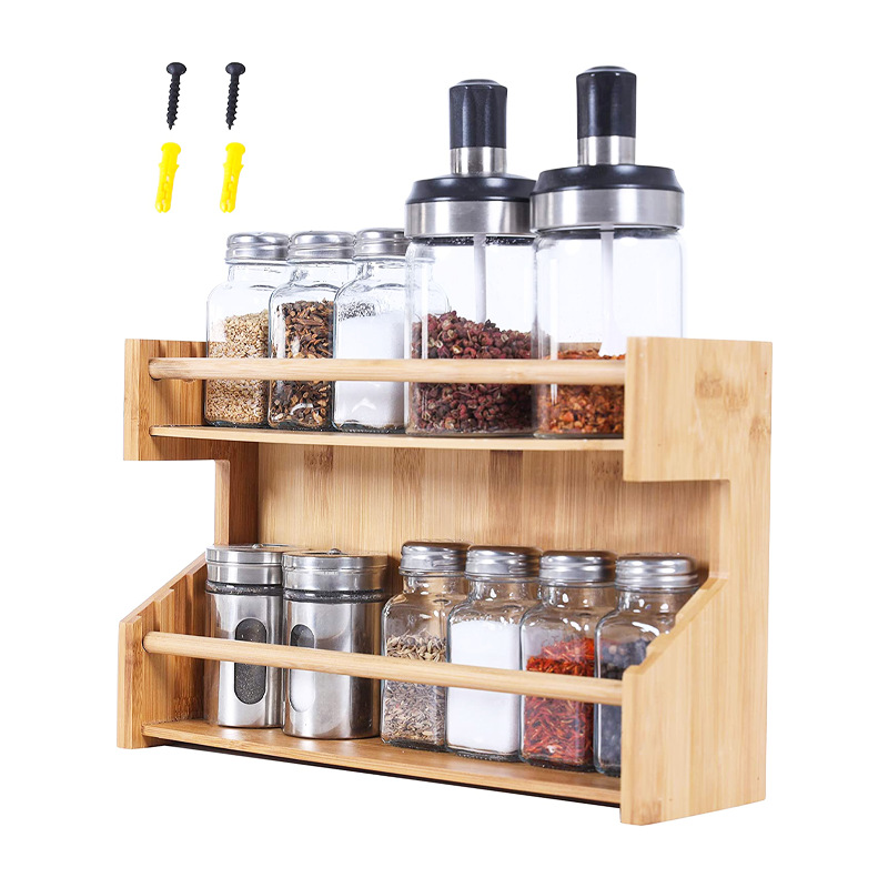 Double-layer seasoning rack with adjustable width and high-quality Nanzhu kitchen decoration wooden rack with wall hanging countertops can be placed