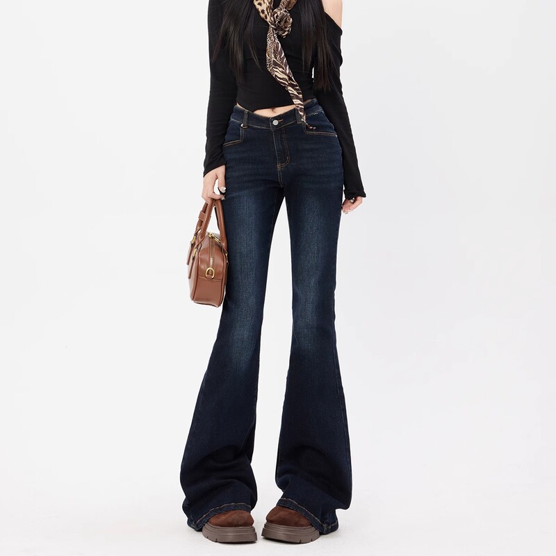 Dark Blue Low-Waist Flared Jeans for Women, 2026 Spring New Style, Slim Fit, Washed V-Waist, Hot Girl Style Bootcut Pants