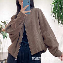 2025秋冬新款宽松复古亚麻圆领拉链夹克外套洋气上衣女