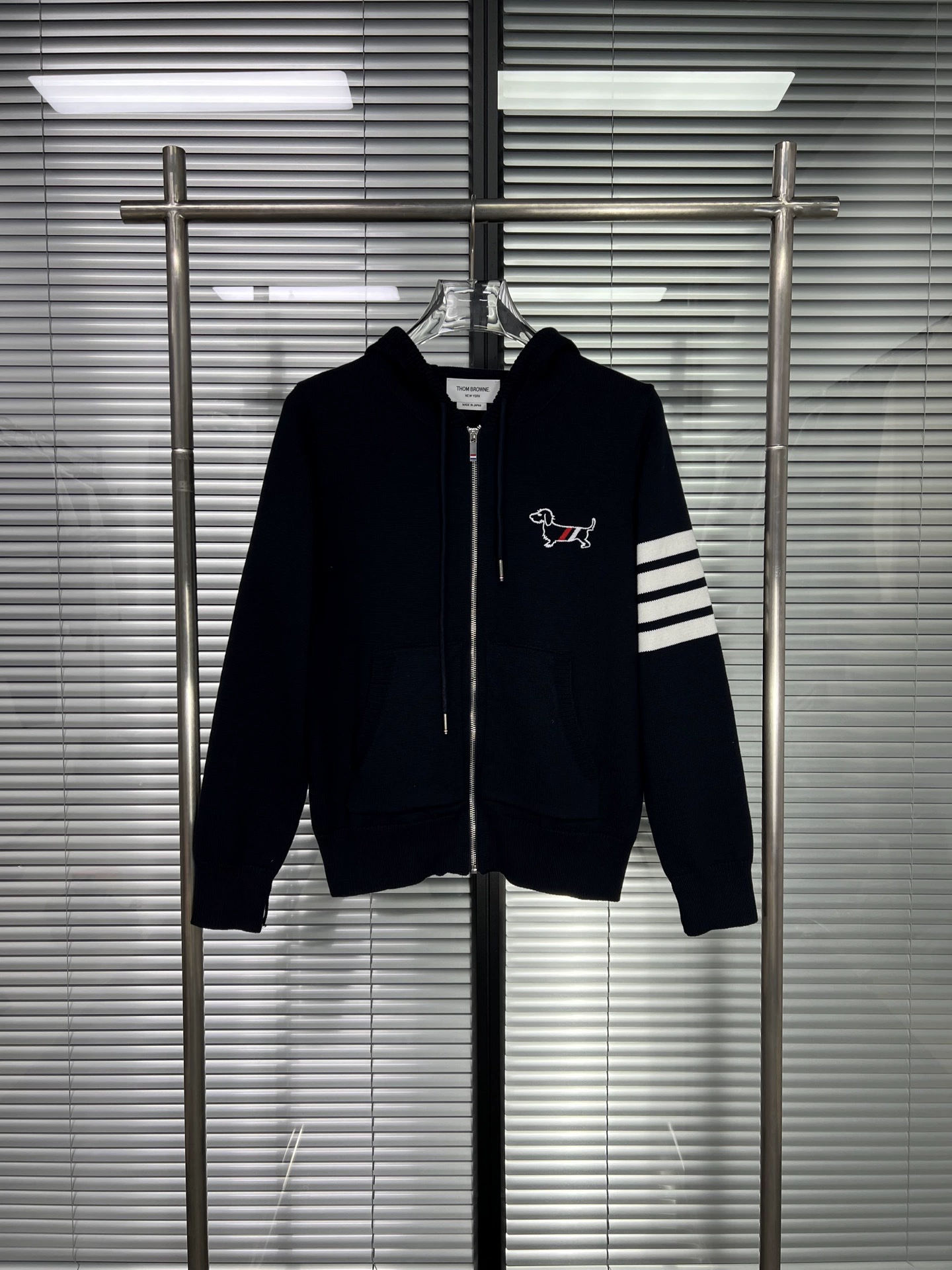 Knitted classic sweater, woolen jacket with hood with zipper, with embroidery