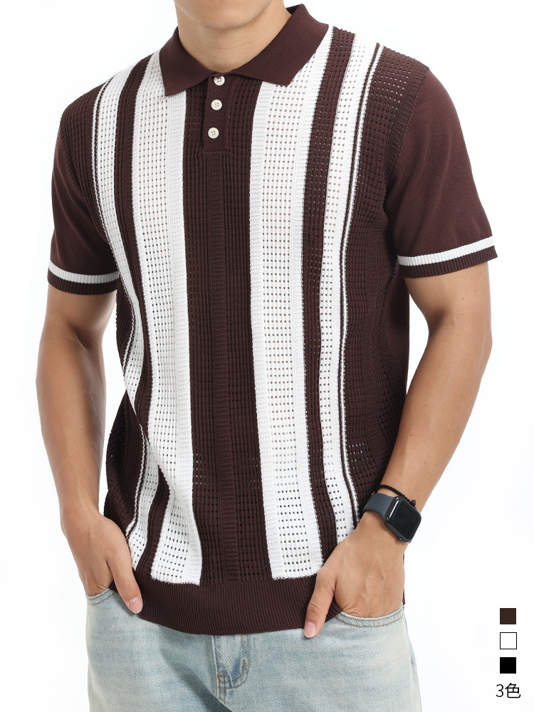 Camiseta de polo retro retro americana de color contrastante para hombre verano transpirable texturizado con collar de punto camiseta de manga corta para hombres