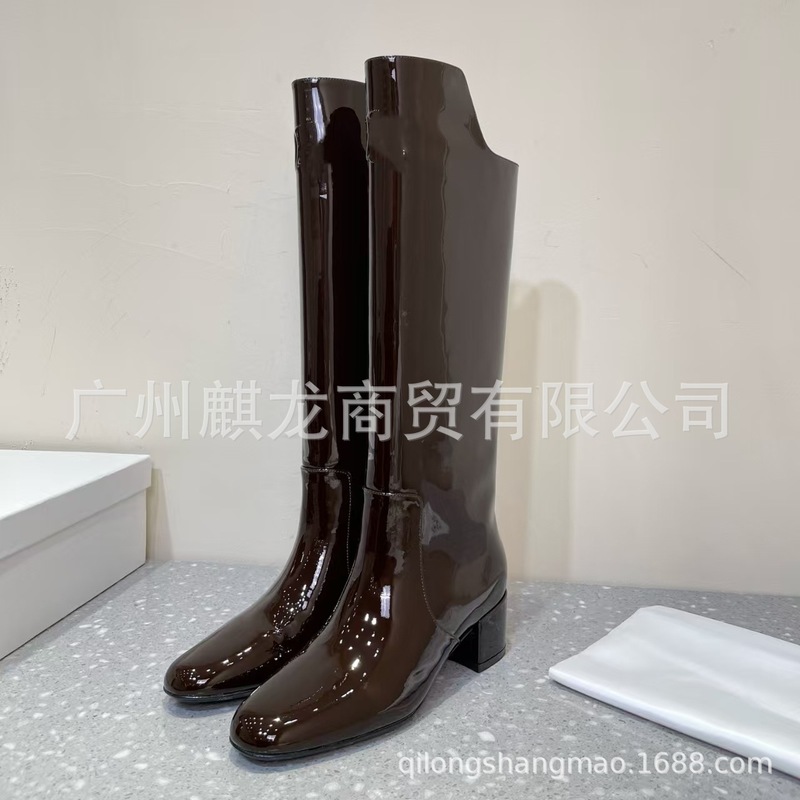 高端品质2025秋冬真皮亮面圆头复古粗高跟套筒显瘦高筒骑士靴长靴|undefined