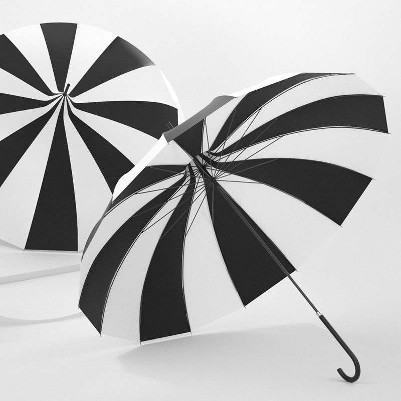 16-Rib Black and White Striped Pagoda Umbrella, European-Style Palace Umbrella, Manual Long-Handled Umbrella, Large Sunshade Umbrella from Shaoxing, Wholesale