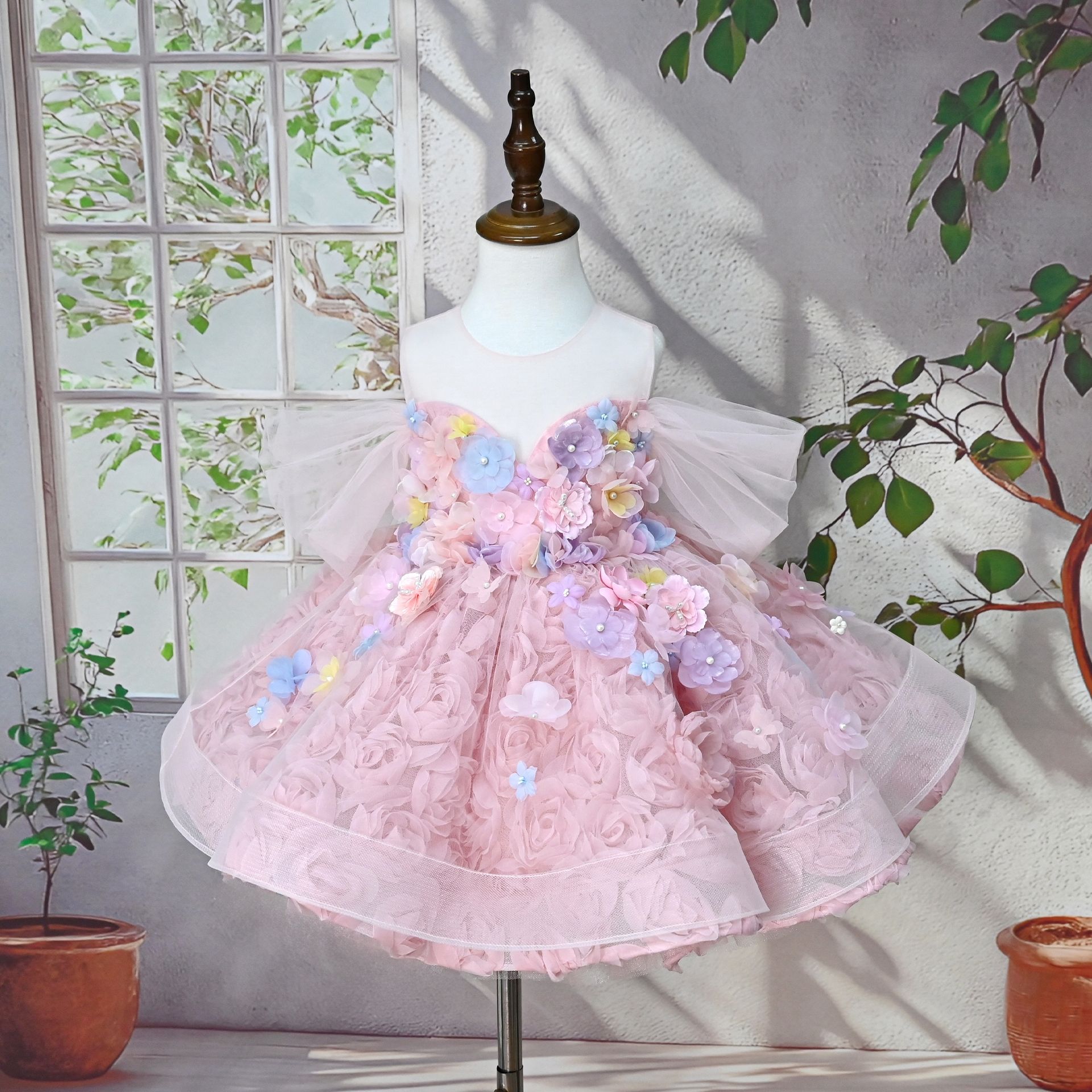 Abito da bambina in cotone e poliestere con stampa floreale in stile francese, perfetto per la sfilata di pianoforte, il compleanno e come abito da principessa._voghion.com