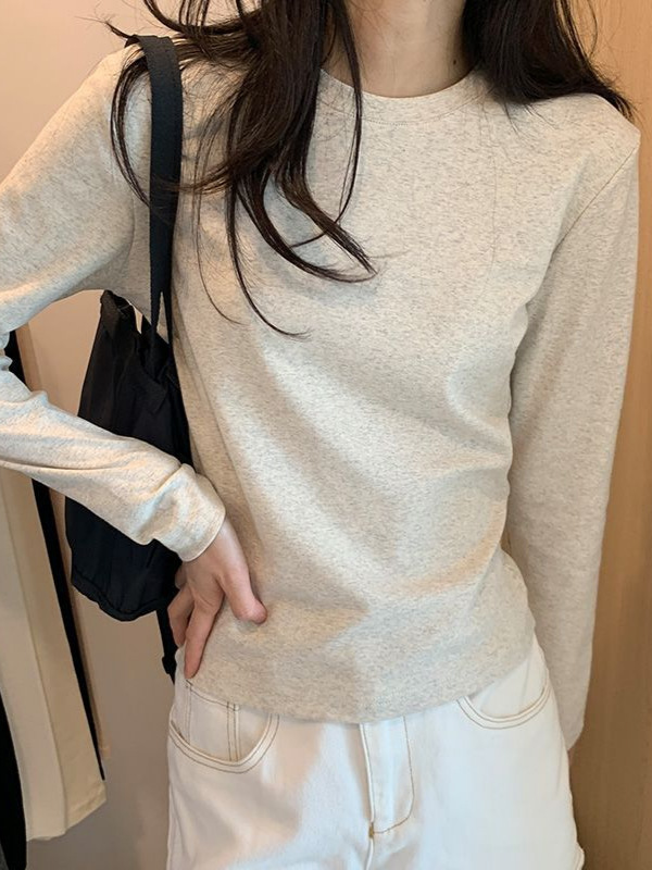 内搭圆领正肩T恤女灰色修身显瘦长袖打底衫早秋新款修身百搭上衣|undefined